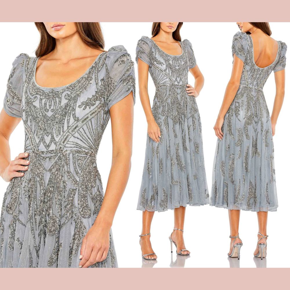 Nwt $558 Mac Duggal [ 4 ] 5434 Short Sleeve Beaded A-Line Tea Length Dress Silve